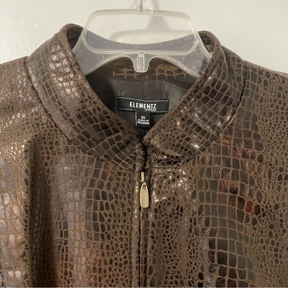 Elementz Woman Brown Faux Croc Skin zip Front Jacket with Pockets‎ 3X EUC